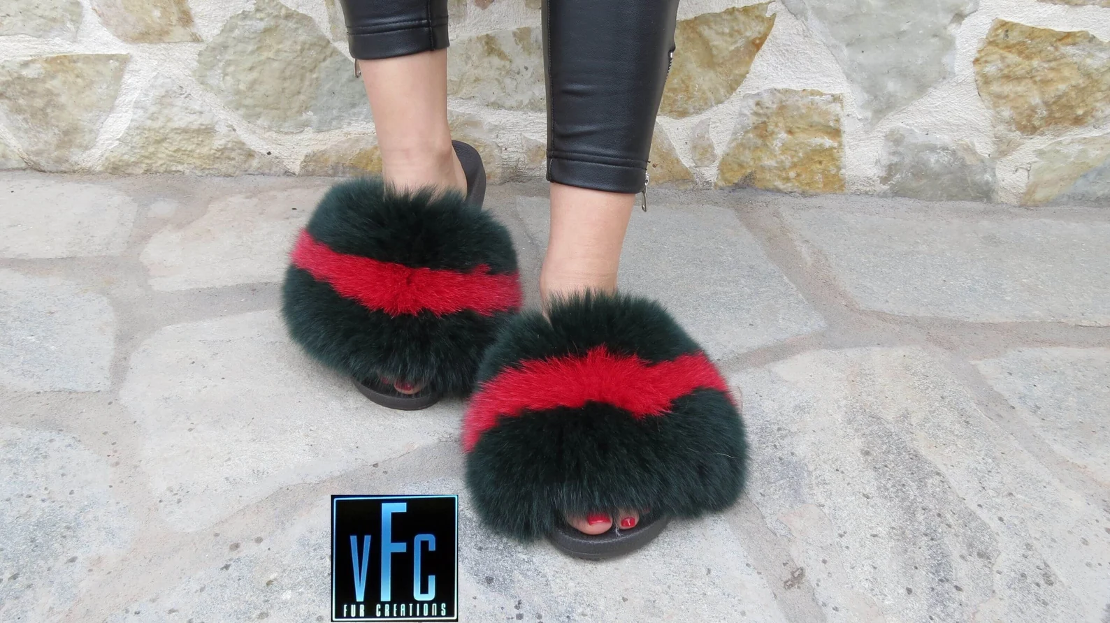 Black Fox Fur Slides With Red Stripe, Fur Slippers, Fluffy Slides