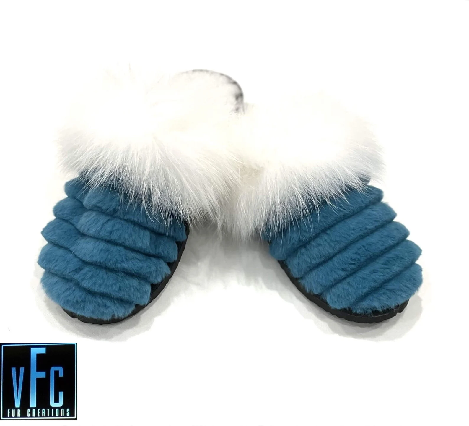 Blue Electric Fur Slippers With Fox Garnish, Real Fur Slippers, Fluffy  Slippers, Winter Slippers, Real Fur slides - Varos Furs Creations